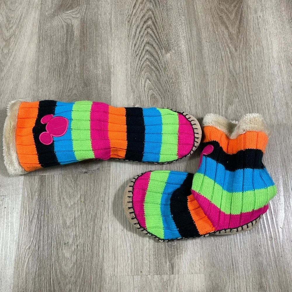 Disney Mickey Mouse Slipper Boots Kids Large XL Striped Knit Faux‎ Fur Lined
